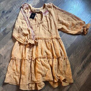 Code x Mode Embroidered Tiered Boho Peasant Dress Mustard Yellow  Size XS NWT